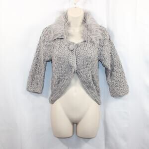 Say What? Women’s Gray Faux Fur Collar‎ Cropped Knit Cardigan Jacket Size Medium